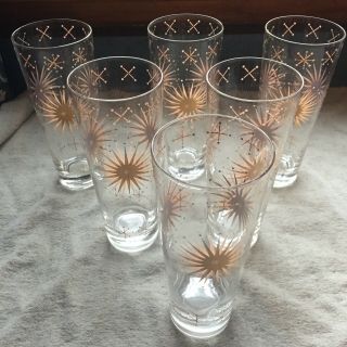 6 Vintage Mcm Pink Gold Starburst Drinking Glasses