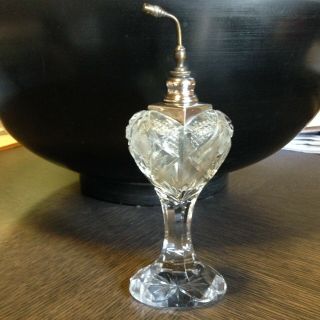 Vtg Antique American Brilliant Cut Crystal Glass Sterling Silver Perfume Bottle