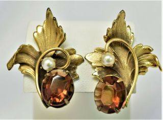Vintage Mid Century Gold Tone Topaz Rhinestone & Pearl Clip Earrings