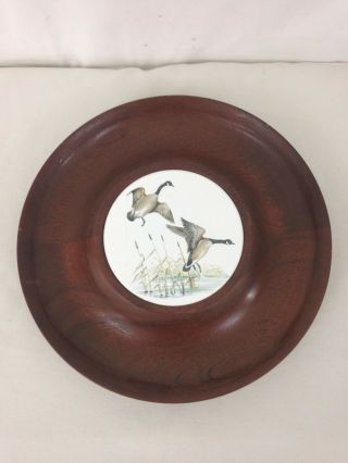 Vtg Hand Made Wood Craft 13 " Solid Walnut Canadian Geese Cabin Relish Bowl Plate