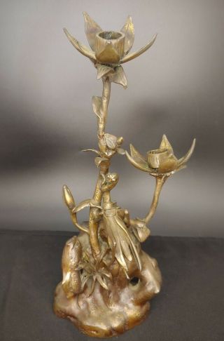 Antique Art Nouveau Bronze Flowers W Grasshopper Candle Holder Candlestick