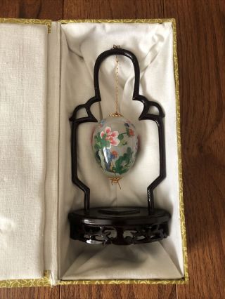 Vintage Asian Chinese Hand Blown Painted Hanging Floral Glass Egg With Stand