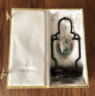 Vintage Asian Chinese Hand Blown Painted Hanging Floral Glass Egg With Stand 2