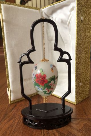Vintage Asian Chinese Hand Blown Painted Hanging Floral Glass Egg With Stand 3