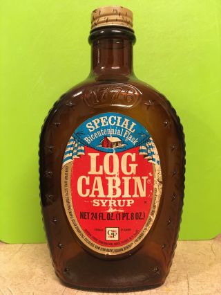 Vintage Log Cabin Syrup Glass Bottle Flask Brown Amber Metal Cap 1776 Minutemen