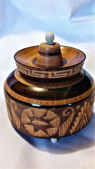 Vintage Turned Wood Trinket Box With Carved Designs