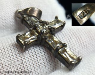 Vintage Christian Cross 925 Sterling Silver And Faceted Crystal Pendant