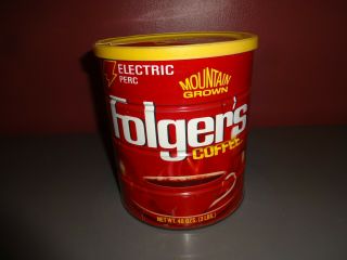 Vintage Folgers Coffee Tin/can W/lid 48oz Empty Mountain Red Can