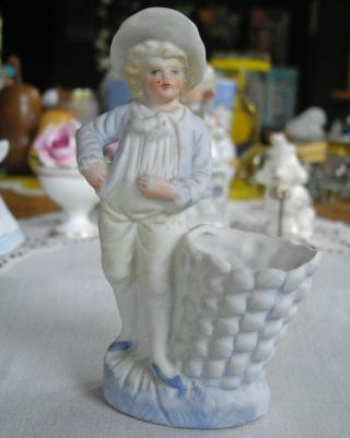 Vintage Bisque Boy W/ Basket Figurine Toothpick Holder Germany