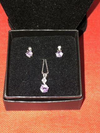 Vintage Round Amethyst & Cz Pendant And Earring Set Sterling Silver