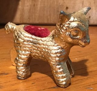 Vintage Gold Tone Pot Metal Lamb Sheep Pin Cushion