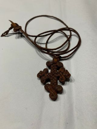 Vtg70s Hand Knotted Leather Cross Pendent On Leather Rope Twist Lanyard Necklace