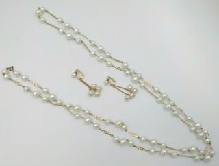 Vtg Sarah Coventry Faux Pearl And Gold Tone Necklace And Dangle Clip Earrings