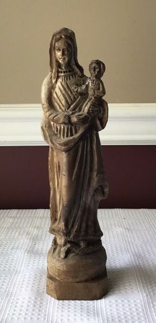 Antique Carved Wooden Madonna & Child Christian Figurine/ Mary & Jesus Figurine