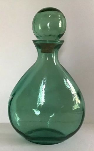 Lg Colored Art Glass Bottle Very Heavy Surf Green Cork Stopper 15”tall 10” Wide