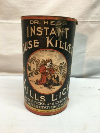 Antique Old Dr.  Hess " Instant Louse Killer " Paper Label Tin.  Cool