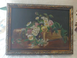 Antique Framed Oil Painting Flowers & Bible On Canvas