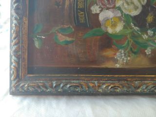 Antique Framed Oil Painting Flowers & Bible On Canvas 2