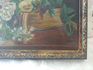 Antique Framed Oil Painting Flowers & Bible On Canvas 3