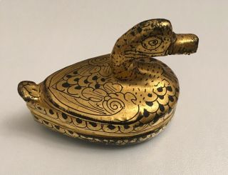 Vintage Paper Mache/wood Black Lacquer Gold Painted Trinket Box Duck