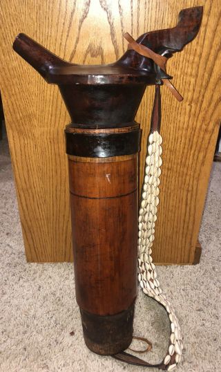 Antique Vintage African Hand Carved Water Vessel Wood Canteen Spout Seashell