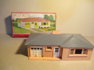 Vintage Plasticville Ranch House (1603),  Salmon Sides,  Gray Roof,  White Sides,  Box