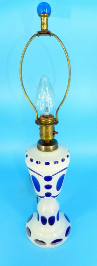 Antique Czech Bohemian White Paint Over Cobalt Blue Cut Art Glass Lamp 20 " Tall