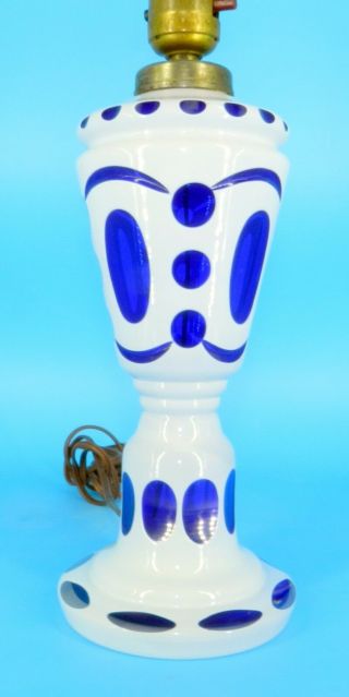 ANTIQUE CZECH BOHEMIAN WHITE PAINT OVER COBALT BLUE CUT ART GLASS LAMP 20 