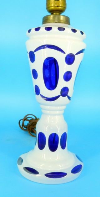 ANTIQUE CZECH BOHEMIAN WHITE PAINT OVER COBALT BLUE CUT ART GLASS LAMP 20 