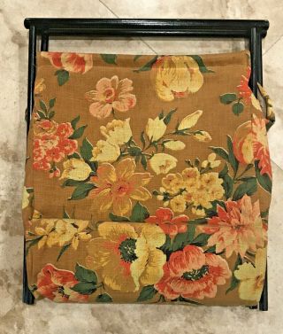 Vintage Barkcloth Folding Sewing Basket Knitting Bag Fabric Wood Flower Pattern