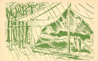 Tent Camping In The Rain Girl Scout Camp Comic C1940s Vintage Postcard