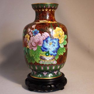 Antique Vintage 8 " Chinese Cloisonne Vase Peonie Flowers Dogwood W/ Stand