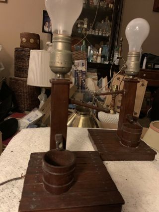 Two Vintage Antique Rare Wood Water Pump Desk Table Lamp W/ Bulb Pull Chain