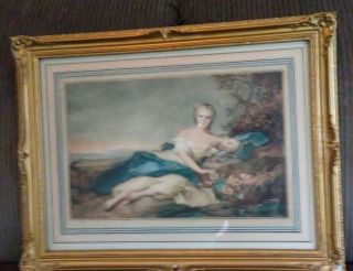 Antique Beautifully Framed Hand Colored Print Reclining Lady Goddess