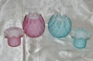 4 Antique Mt Washington Pink & Blue Diamond Quilted Satin Cased Glass Vases