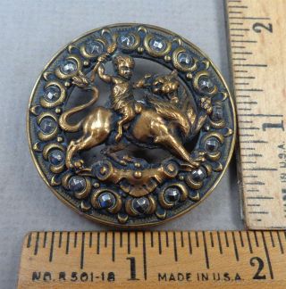 Pan Riding Lion Antique Button,  Mythological Brass Open - Work,  Cut Steel,  Large