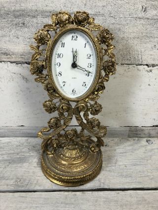 Antique Globe Brass Desk Mantle Wind Up Clock West Germany Alarm