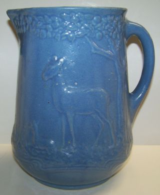 Antique Salt Glazed Stoneware Blue Pottery Pitcher Deer Fawn Tree