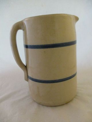Vintage Stoneware Pitcher Pottery Crock With Blue Stripes Primitive Country 928