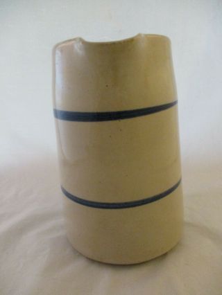 Vintage Stoneware Pitcher Pottery Crock With Blue Stripes Primitive Country 928 2