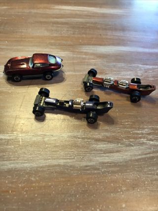 3 Vintage Johnny Lightning Topper Custom Dragsters & Xke.  Purple And Red.