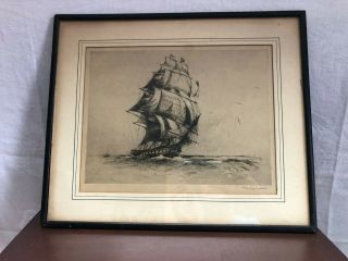 Antique Early 20th Century Etching Of A Clipper Ship Signed And Framed