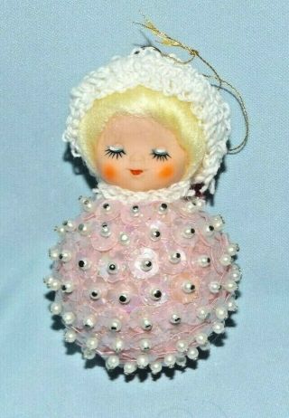 Vintage Pink Baby Girl On Pink Bead Sequin Handmade Christmas Ornament