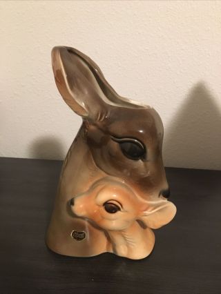 Vintage Royal Copley Deer And Fawn Glossy Ceramic Vase Planter 9.  25 " Brown Tan