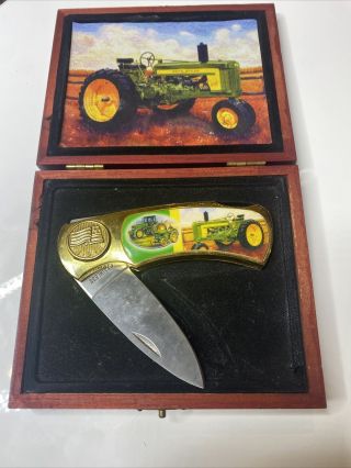 Vintage John Deere Tractor Pocket Knife Stainless Steel In Wood Box