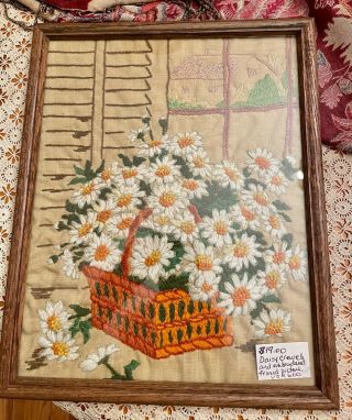 Vintage Crewel Work Wool Embroidery On Linen Basket Of Daisies At Window Framed
