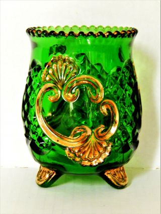 Antique Eapg Riverside Glass Croesus Emerald Green Gold 3 Footed Spooner Vase