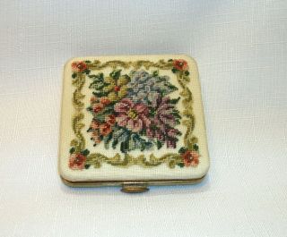 Vintage Petit Point Needlepoint Floral Powder Puff Compact Beveled Mirror