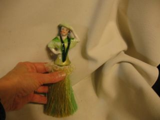 Vintage Porcelain Half Doll Whisk Broom Clothes Brush Dressed In Green Arms Up