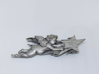 Vintage Jj Silver Tone Flying Angel / Cherub Riding A Shooting Star Pin Brooch